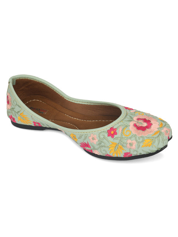 Women's Sea Green Florals Indian Ethnic Comfort Footwear - Saras The Label