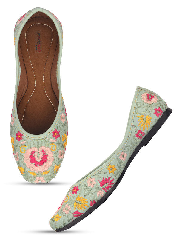 Women's Sea Green Florals Indian Ethnic Comfort Footwear - Saras The Label