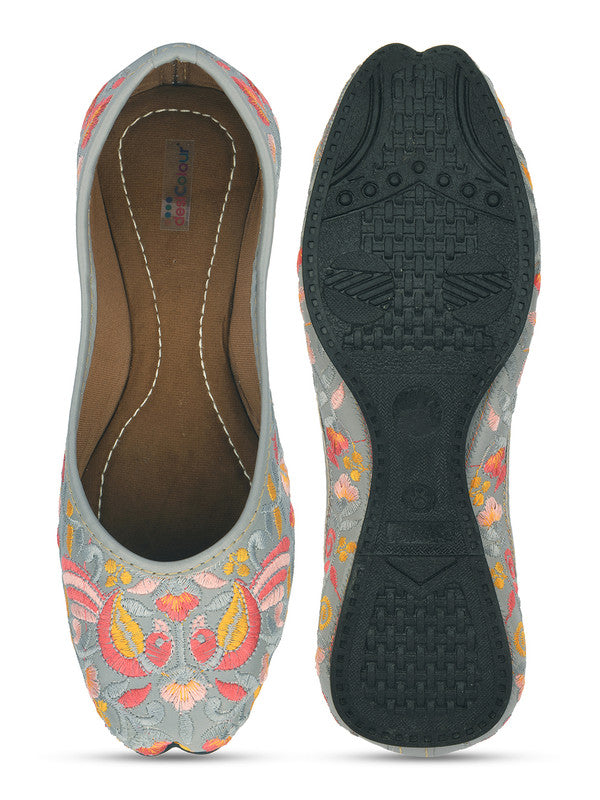 Women's Grey Florals Indian Ethnic Comfort Footwear - Saras The Label