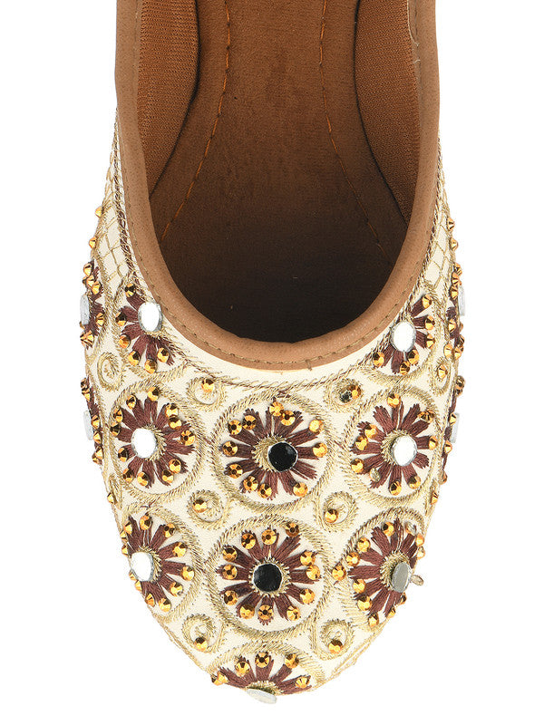 Women's Off White Brown Embellished Embroidered Indian Ethnic Comfort Footwear - Saras The Label