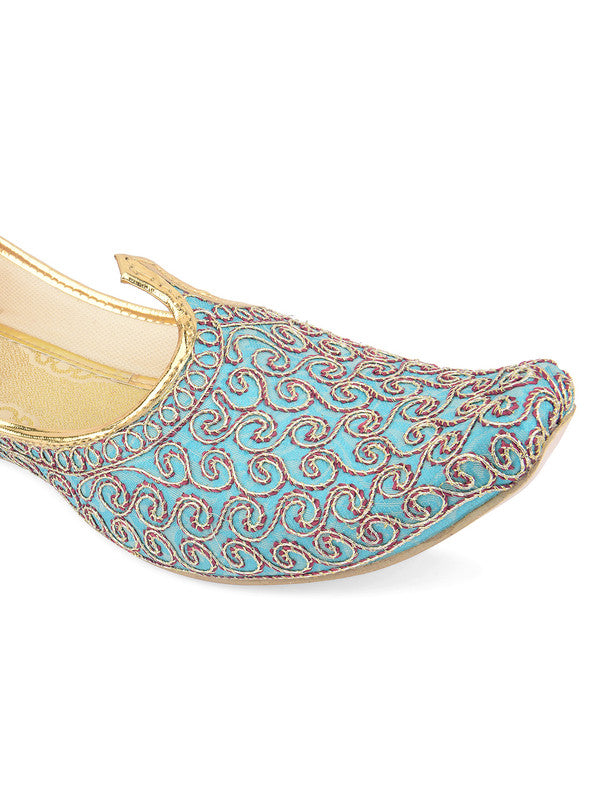 Men's Indian Ethnic Party Wear Blue Embroidered Footwear - Saras The Label