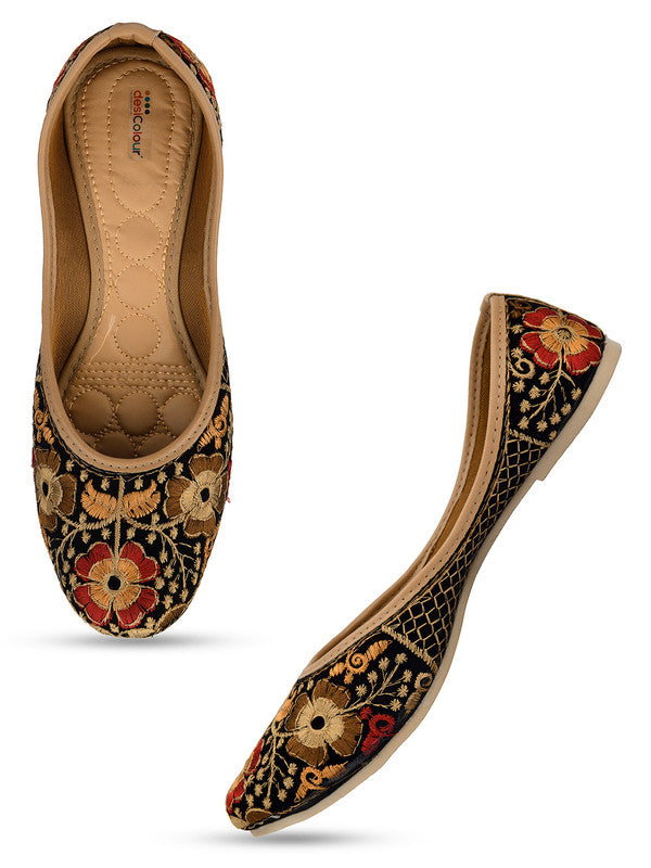 Women's Multicolour Embroidered Indian Handcrafted Ethnic Comfort Footwear - Saras The Label