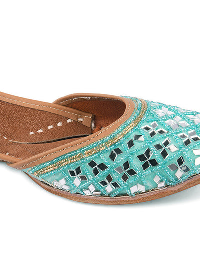 Women's Sea Green Mirror Work Leather Embroidered Indian Handcrafted Ethnic Comfort Footwear - Saras The Label