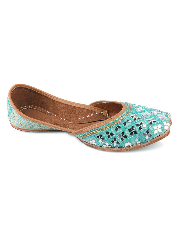 Women's Sea Green Mirror Work Leather Embroidered Indian Handcrafted Ethnic Comfort Footwear - Saras The Label