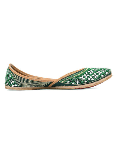 Women's Green Mirror Work Leather Embroidered Indian Handcrafted Ethnic Comfort Footwear - Saras The Label