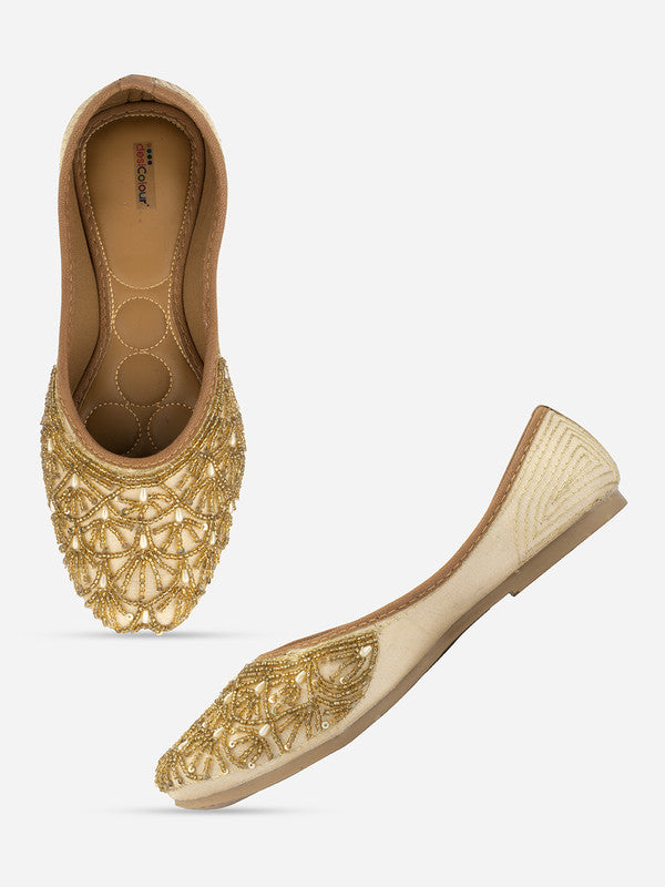 Women's Golden Hand Embroidered Indian Handcrafted Ethnic Comfort Footwear - Saras The Label