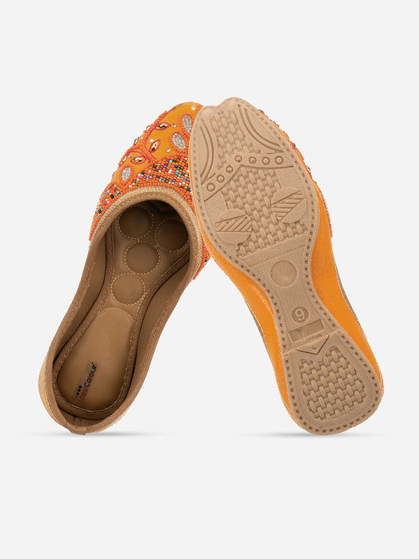 Women's Orange Hand Embroidered Indian Handcrafted Ethnic Comfort Footwear - Saras The Label