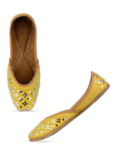 Women's Yellow Mirror Work Leather Embroidered Indian Handcrafted Ethnic Comfort Footwear - Saras The Label