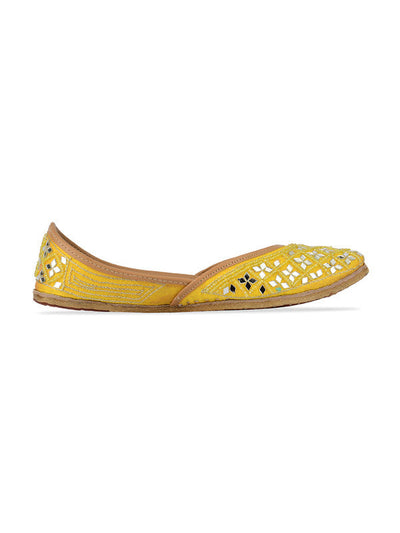 Women's Yellow Mirror Work Leather Embroidered Indian Handcrafted Ethnic Comfort Footwear - Saras The Label