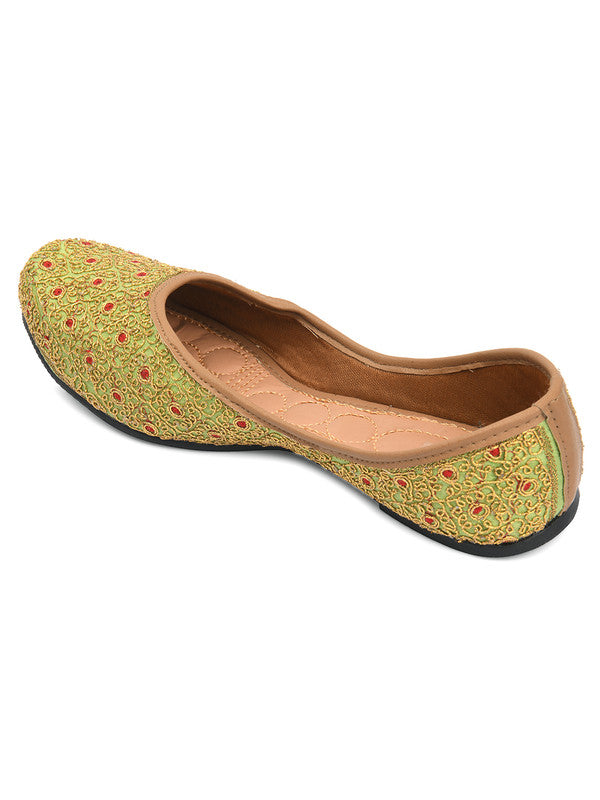 Women's Green Embroidered Indian Handcrafted Ethnic Comfort Footwear - Saras The Label