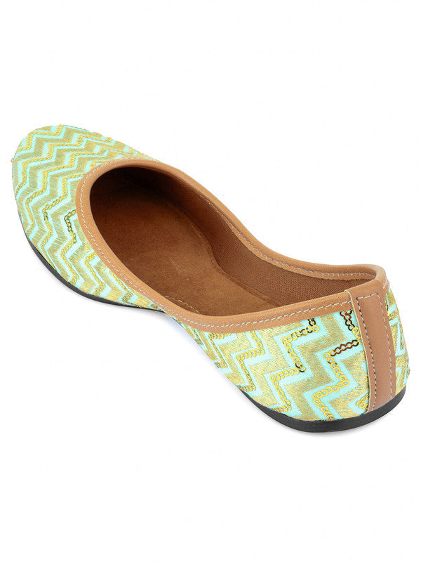 Women's Sea Green Chevron Indian Ethnic Comfort Footwear - Saras The Label