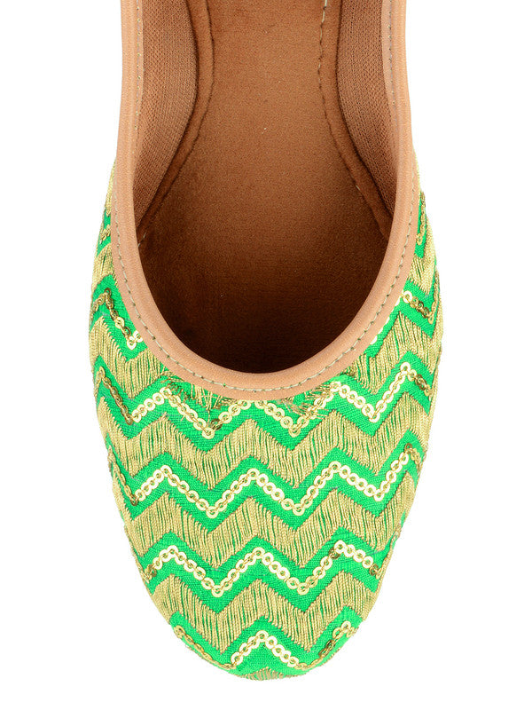 Women's Green Chevron Indian Ethnic Comfort Footwear - Saras The Label