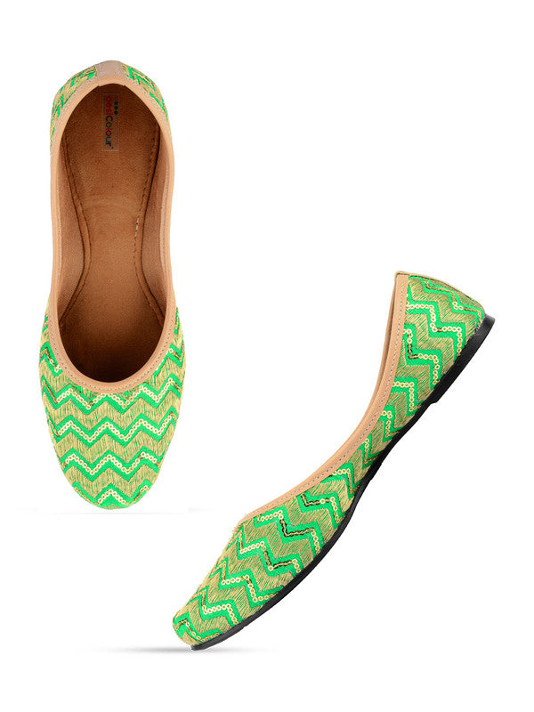 Women's Green Chevron Indian Ethnic Comfort Footwear - Saras The Label