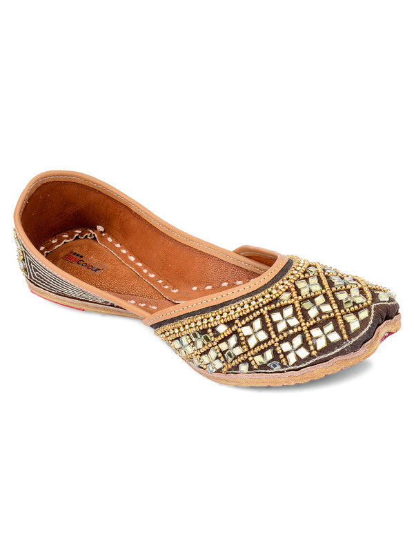 Women's Copper Mirror Work Leather Embroidered Indian Handcrafted Ethnic Comfort Footwear - Saras The Label