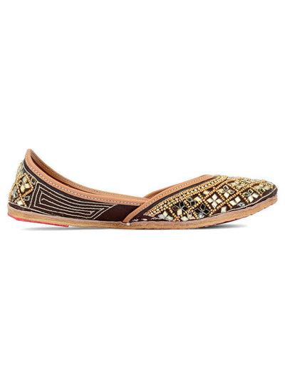 Women's Copper Mirror Work Leather Embroidered Indian Handcrafted Ethnic Comfort Footwear - Saras The Label