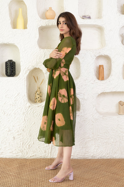 Women's Green Tie-Dye Chiffon Midi Dress by Saras The Label ( 1 Pc Set)