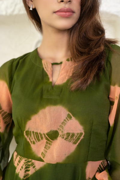 Women's Green Tie-Dye Chiffon Midi Dress by Saras The Label ( 1 Pc Set)