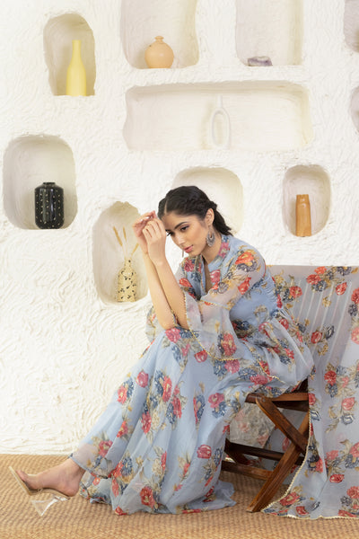 Women's Grey floral Chiffon Lehenga Choli & Dupatta Set by Saras The Label (3 Pc Set)