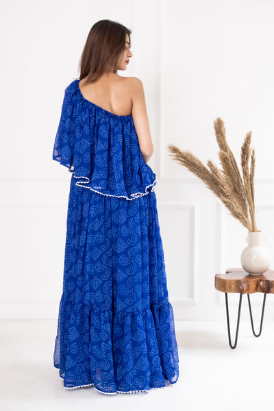 Women's Offshoulder Bandhani Print Blue Dress by Saras The Label (1 Pc Set)