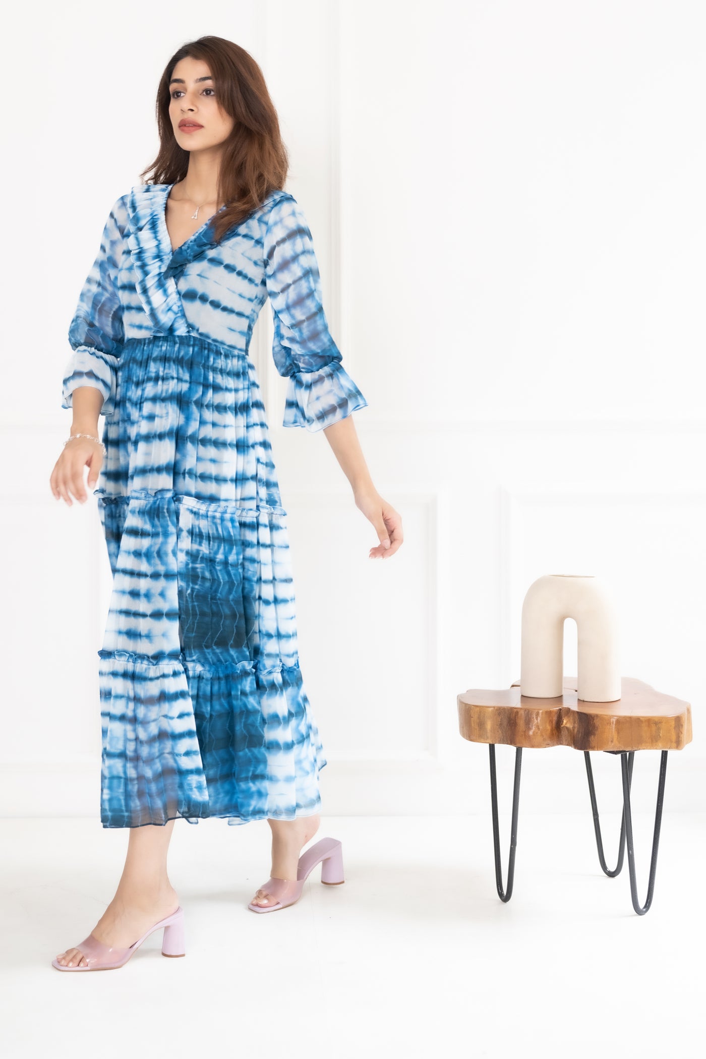 Women's Blue Shibori Chiffon Dress by Saras The Label (1 Pc Set)