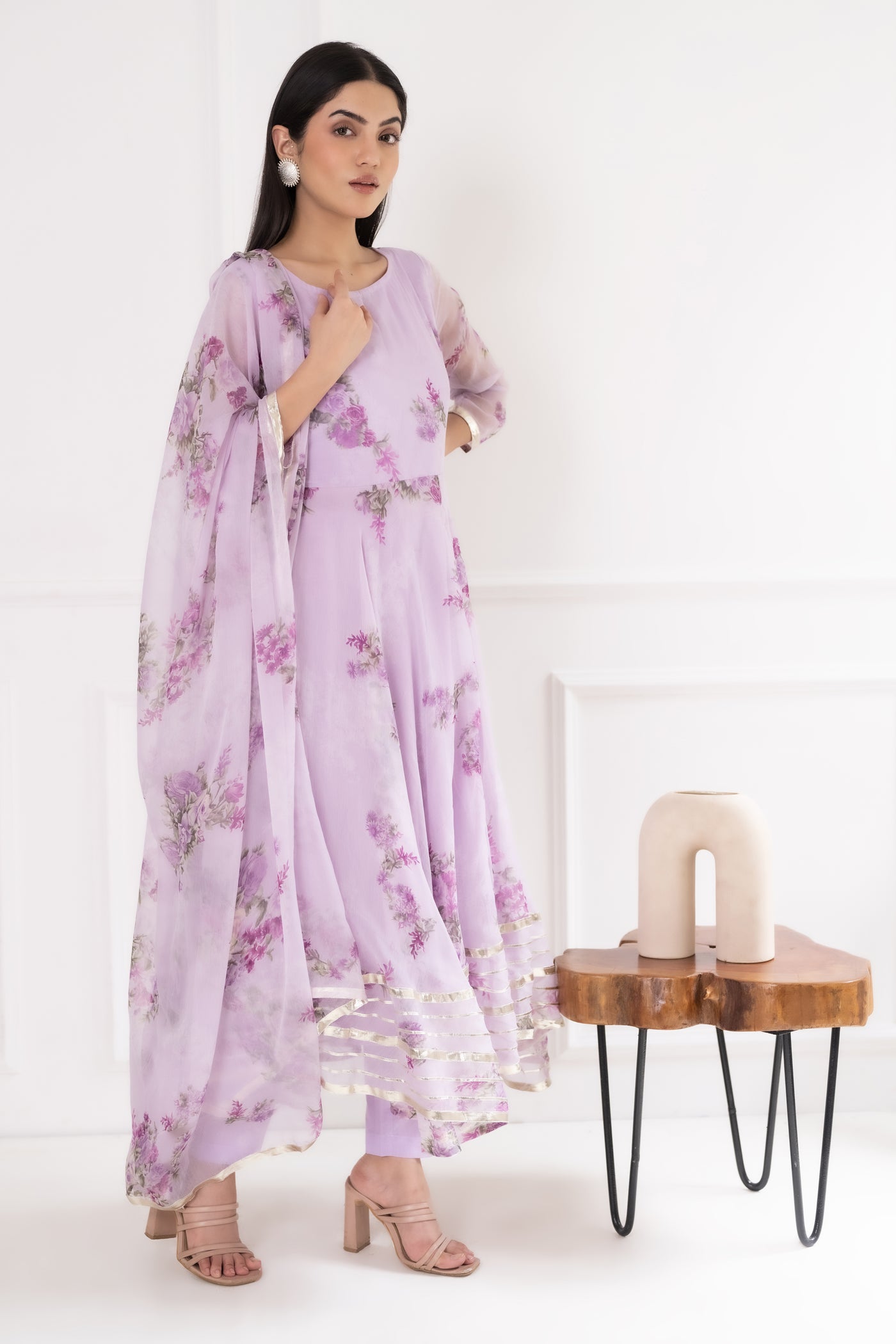 Women's Purple Floral Anarkali Kurta with Pants & Dupatta Set by SARAS THE LABEL- (3pcs set)