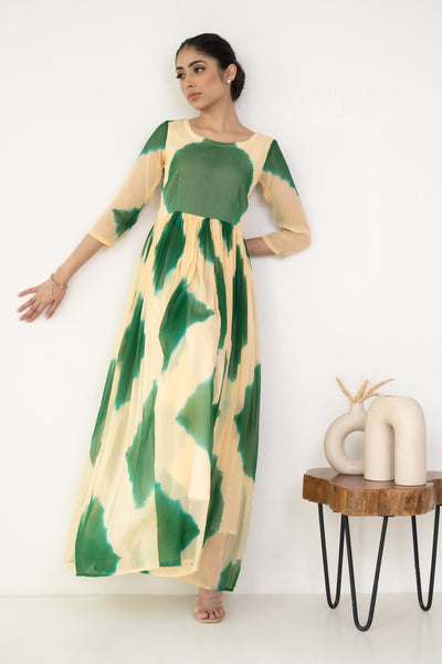 Women's Green & Cream Tie-Die Gown by Saras The Label (1 Pc Set)
