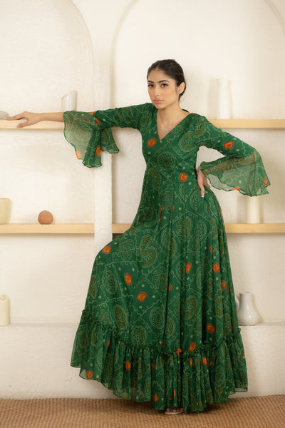 Green Bandhani Print Gown by Saras The Label (1 Pc Set)