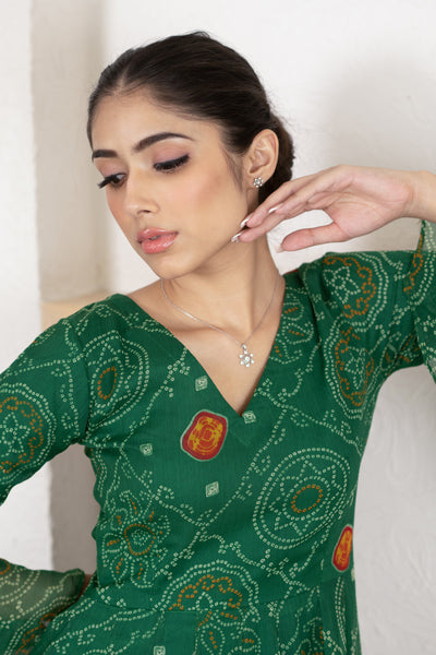 Green Bandhani Print Gown by Saras The Label (1 Pc Set)