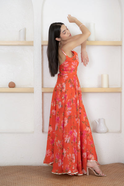 Women's Orange Floral Printed Maxi Dress by Saras The Label ( 1 Pc Set )