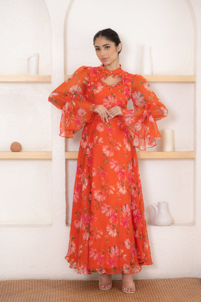 Women's Orange Floral Print Maxi Dress by Saras The Label ( 1 Pc Set )