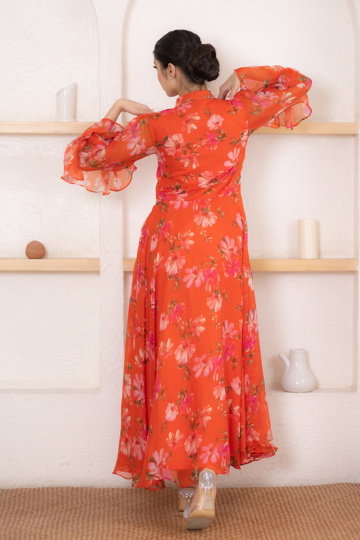 Women's Orange Floral Print Maxi Dress by Saras The Label ( 1 Pc Set )