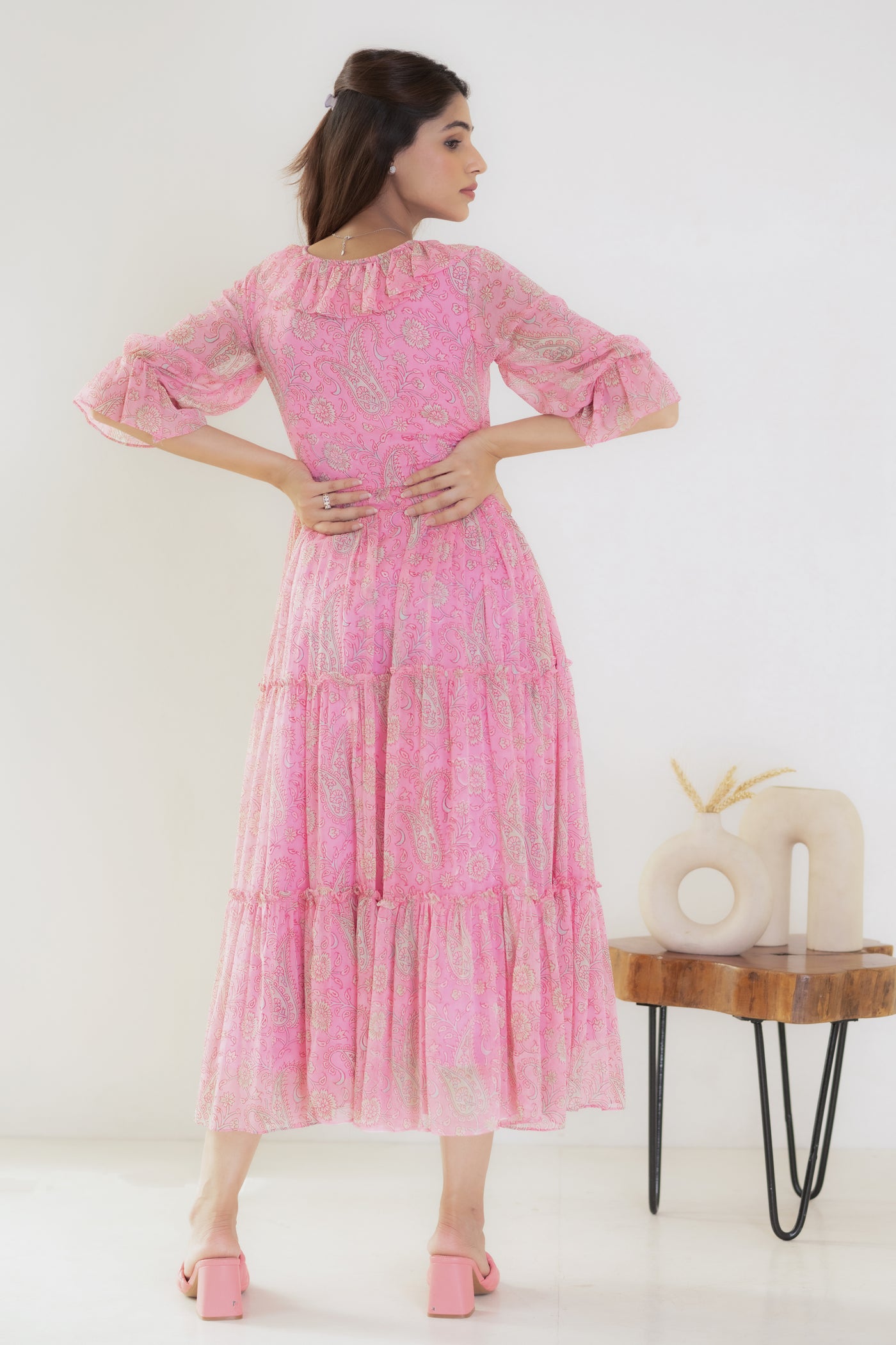 Women's Pink Printed Midi Dress by Saras The Label ( 1 Pc Set)