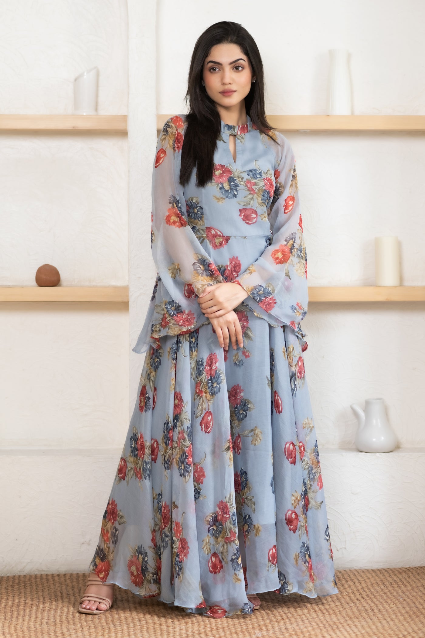 Women's Grey Floral Printed Chiffon Maxi Dress by Saras The Label ( 1 Pc Set )