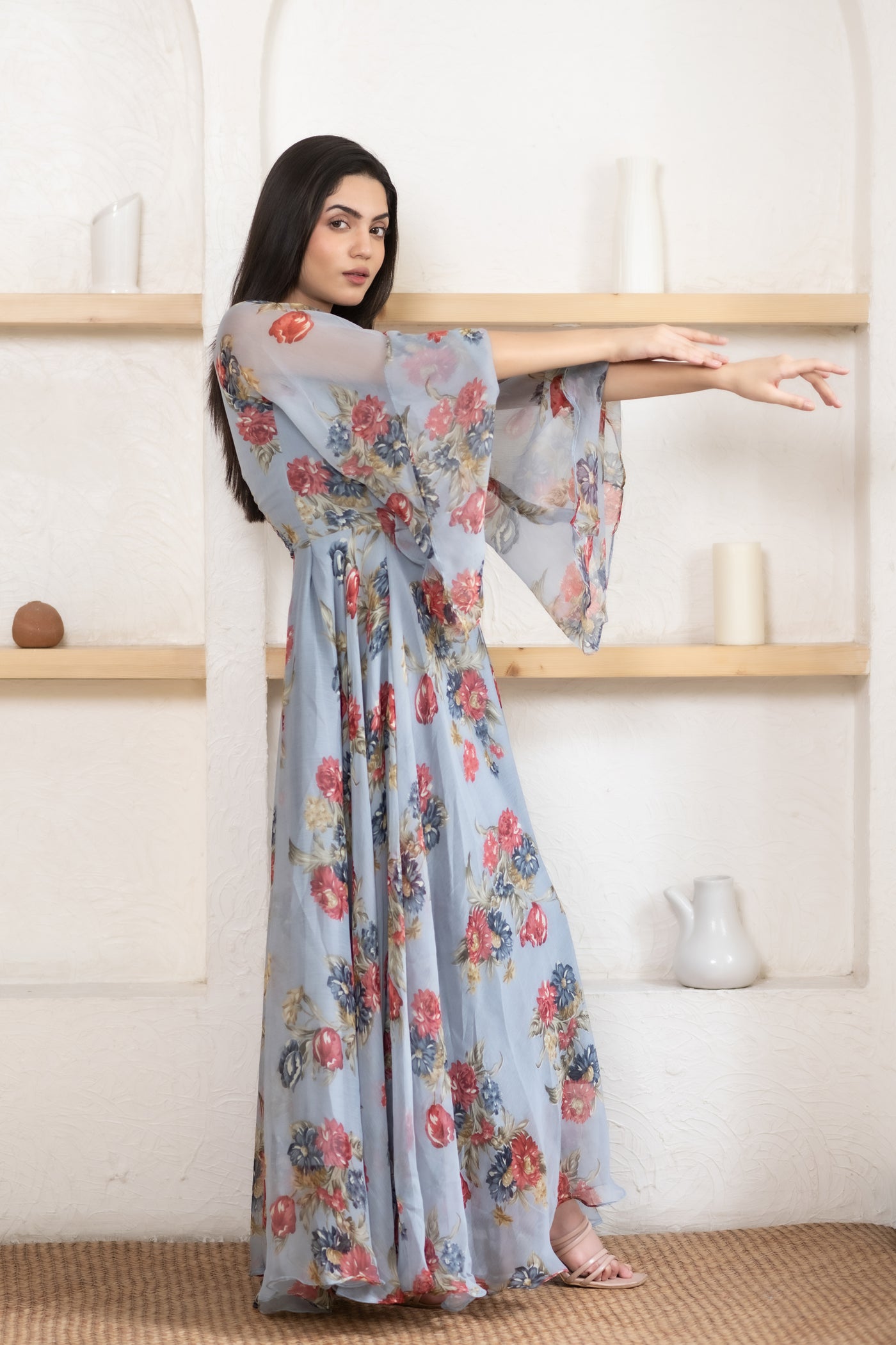 Women's Grey Floral Printed Chiffon Maxi Dress by Saras The Label ( 1 Pc Set )