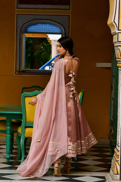 Light Brown Satin Silk Anarkali Suit- 3Pc Set By Saras The Label