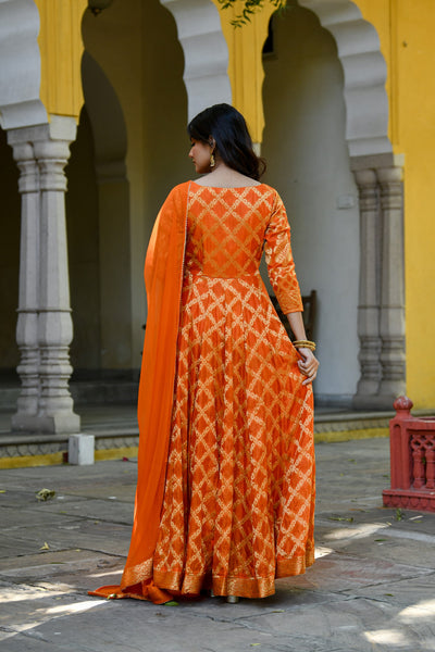 Orange Silk Anarkali Gown With Dupatta- (2Pc Set)  By SARAS THE LABEL