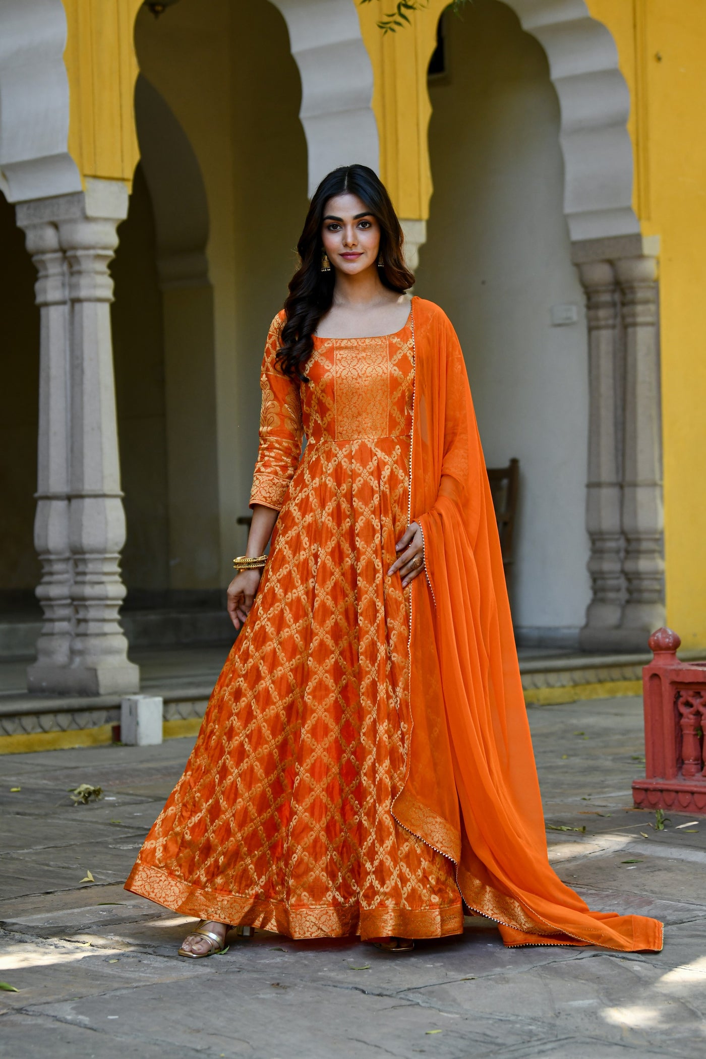 Orange Silk Anarkali Gown With Dupatta- (2Pc Set)  By SARAS THE LABEL