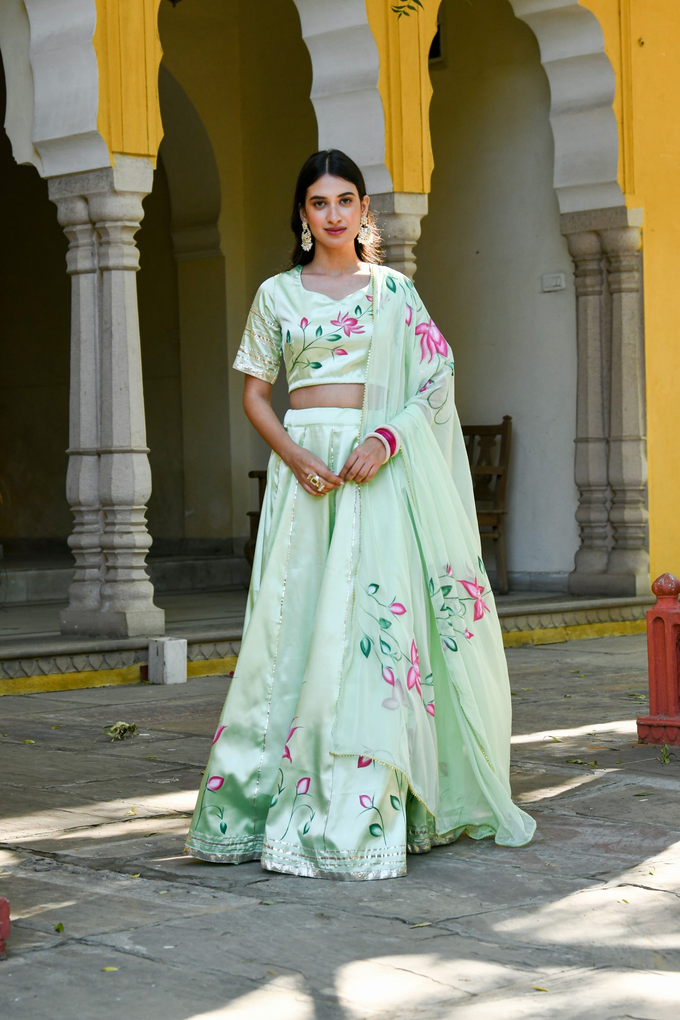 Mint Green Lehenga For Women In Satin Silk- (3Pc Set)  By SARAS THE LABEL
