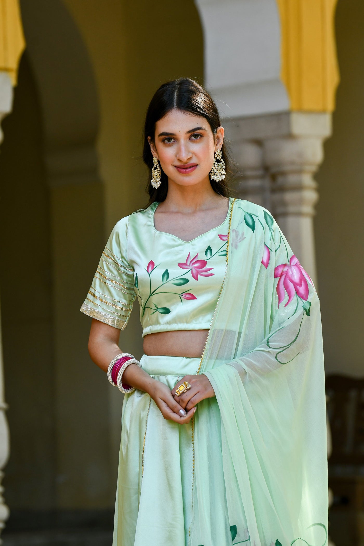 Mint Green Lehenga For Women In Satin Silk- (3Pc Set)  By SARAS THE LABEL