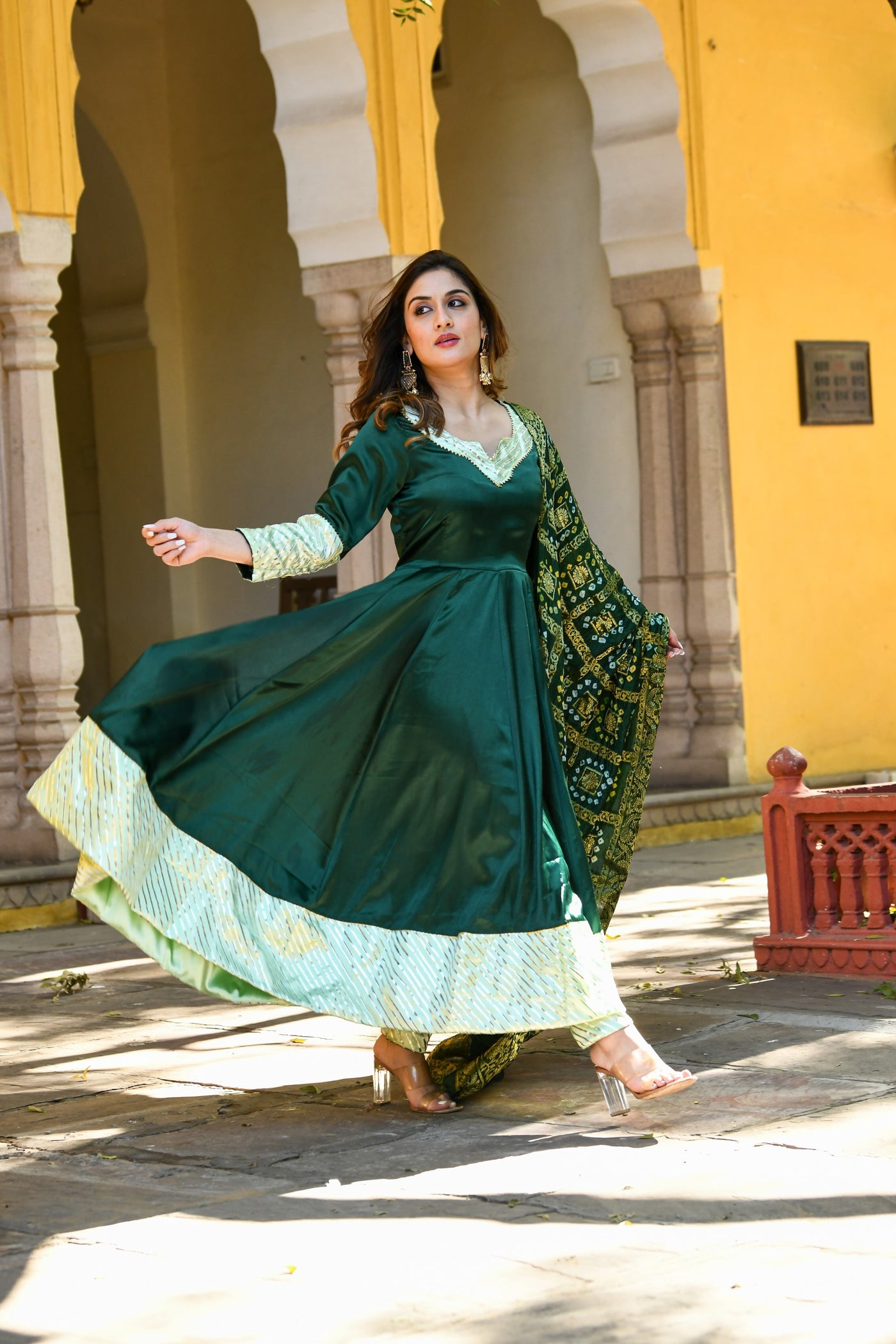 Bottle Green Anarkali Suit With Dupatta- (3Pc Set) By Saras The Label