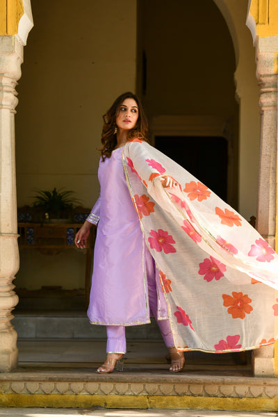 Purple Suit Set With Floral Dupatta- (3Pcs) By SARAS THE LABEL