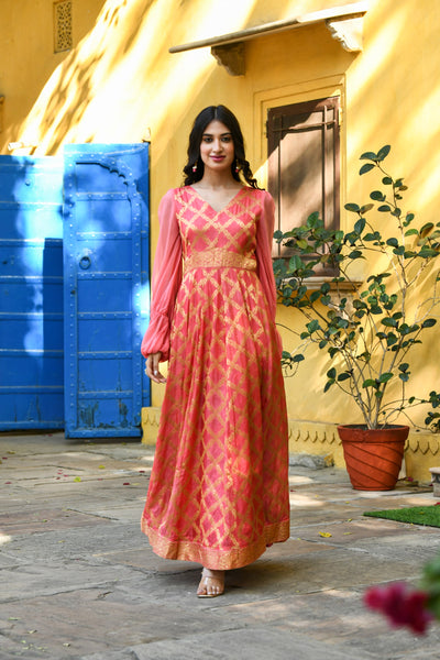 Pink Silk Gown With Balloon Sleeves -(1Pc) By SARAS THE LABEL