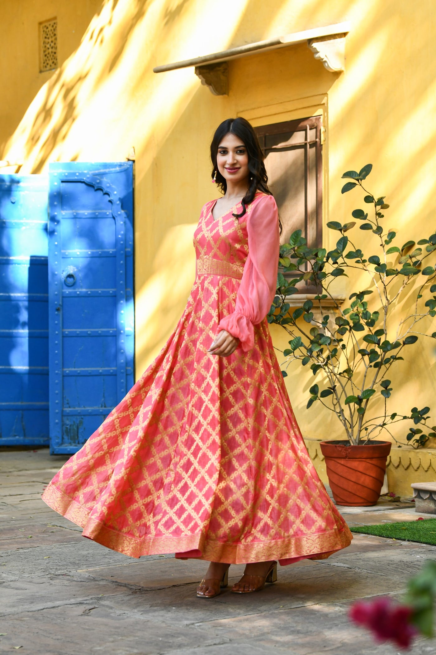 Pink Silk Gown With Balloon Sleeves -(1Pc) By SARAS THE LABEL