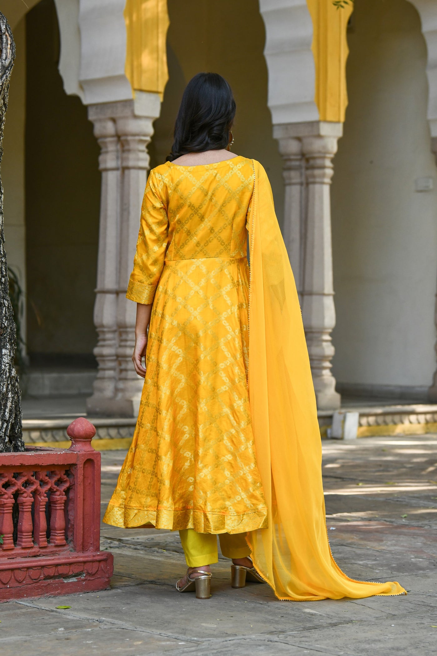 Yellow Anarkali Suit Set- (3Pcs) By SARAS THE LABEL