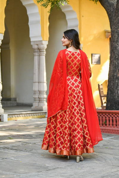 Anarkali Red Gown With Dupatta - (2Pcs) By SARAS THE LABEL