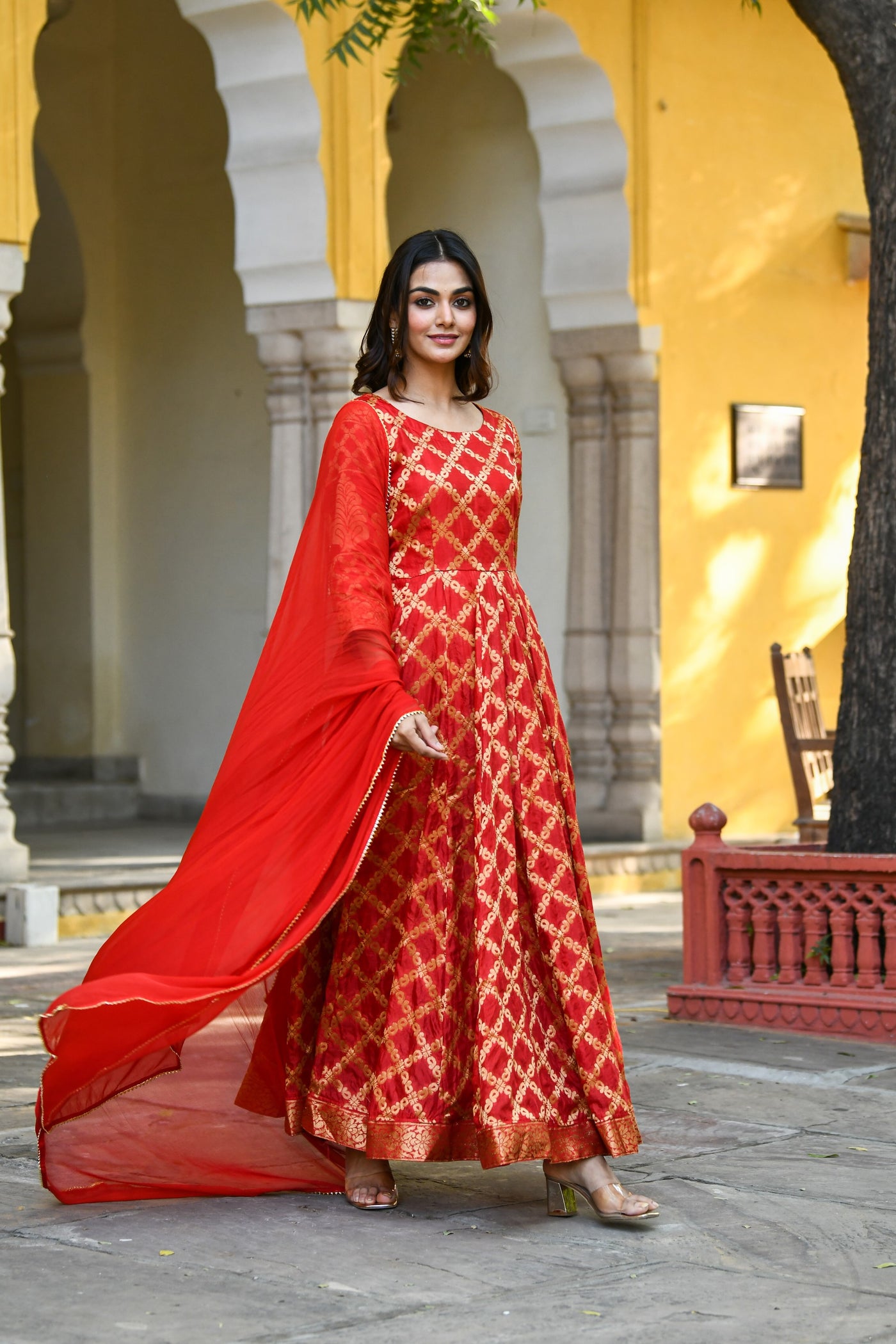 Anarkali Red Gown With Dupatta - (2Pcs) By SARAS THE LABEL