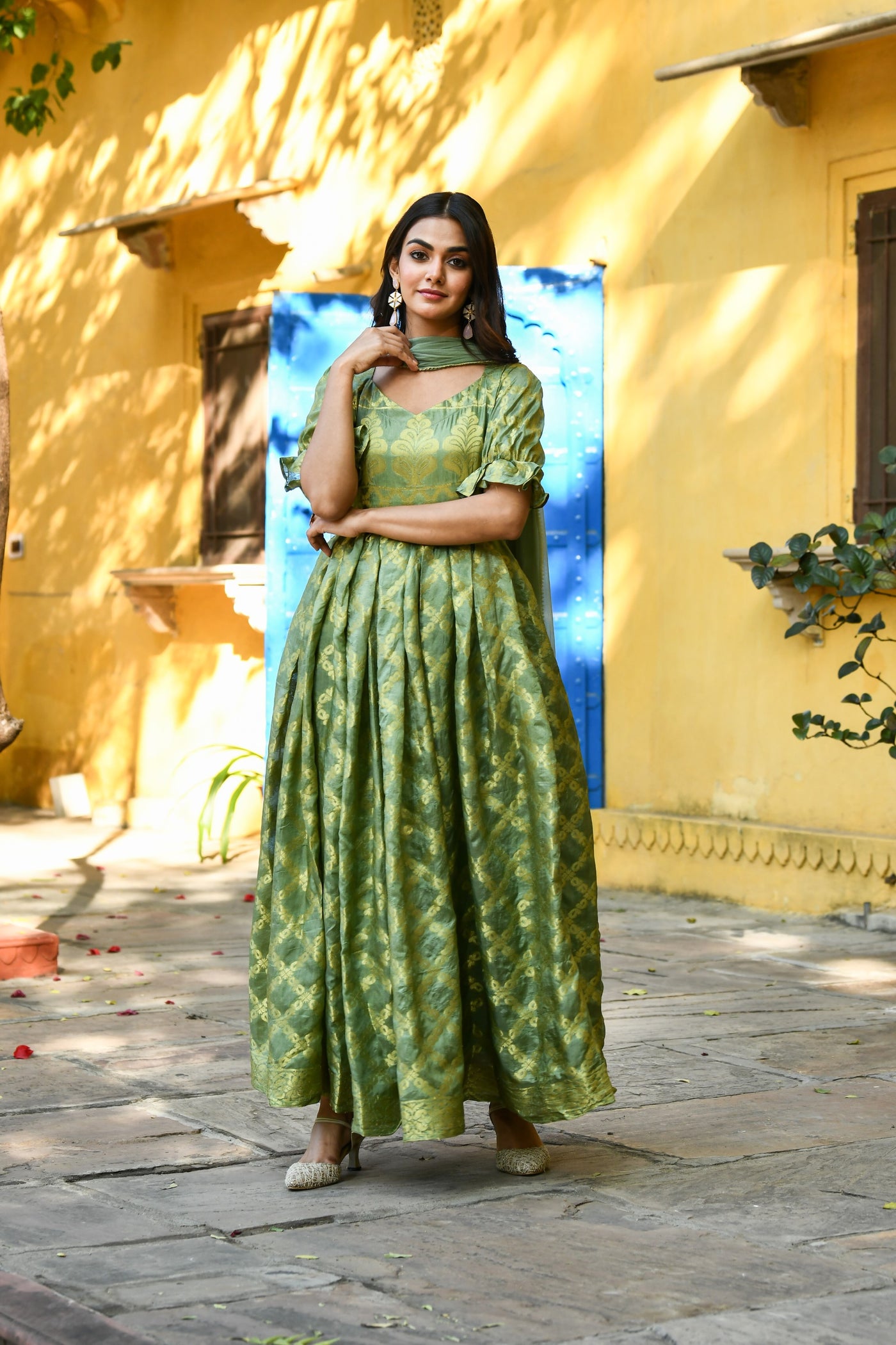 Green Anarkali Gown Set - (2Pcs) By SARAS THE LABEL