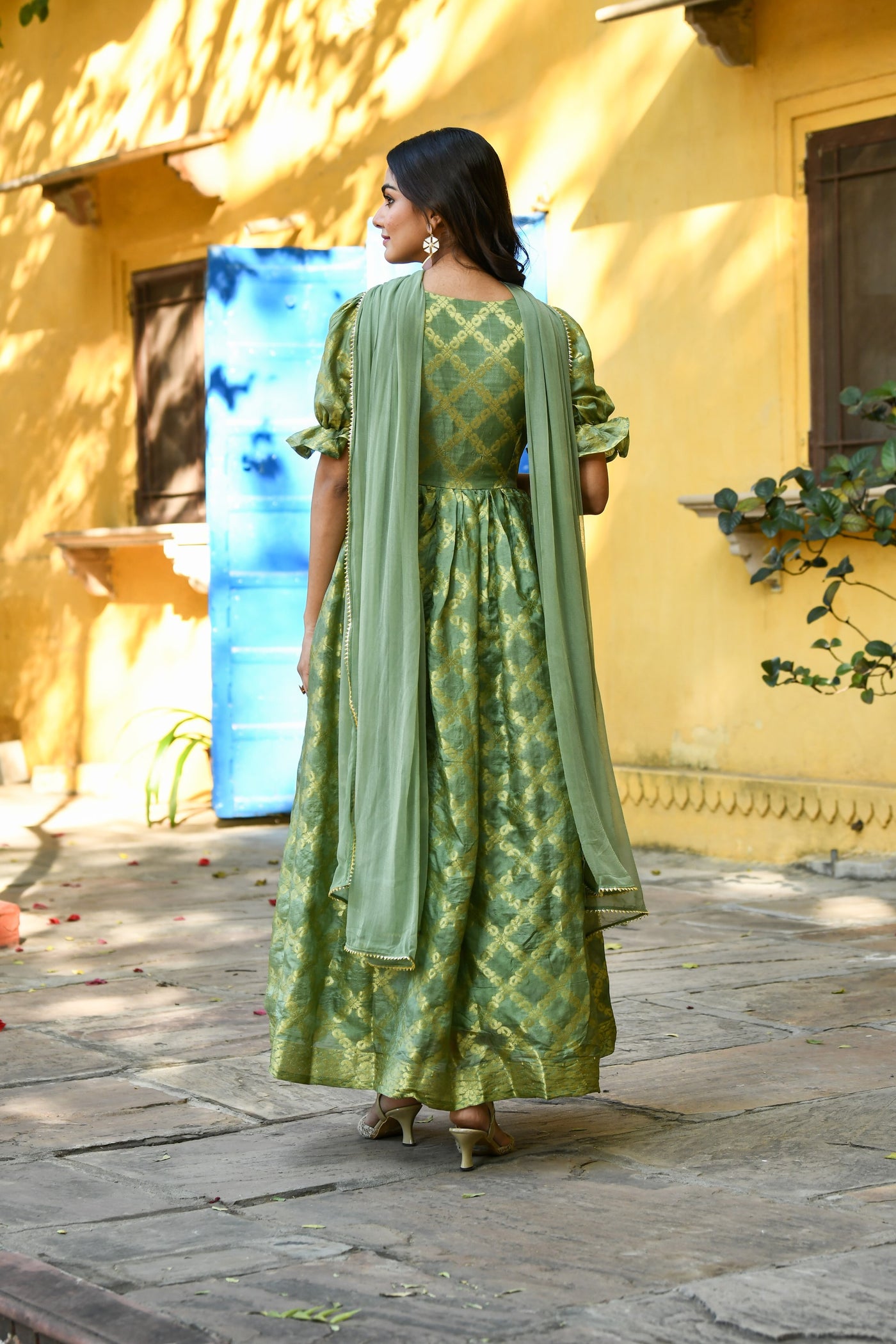 Green Anarkali Gown Set - (2Pcs) By SARAS THE LABEL