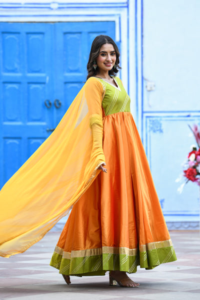 Yellow Anarkali Gown With Dupatta - (2Pcs) By SARAS THE LABEL