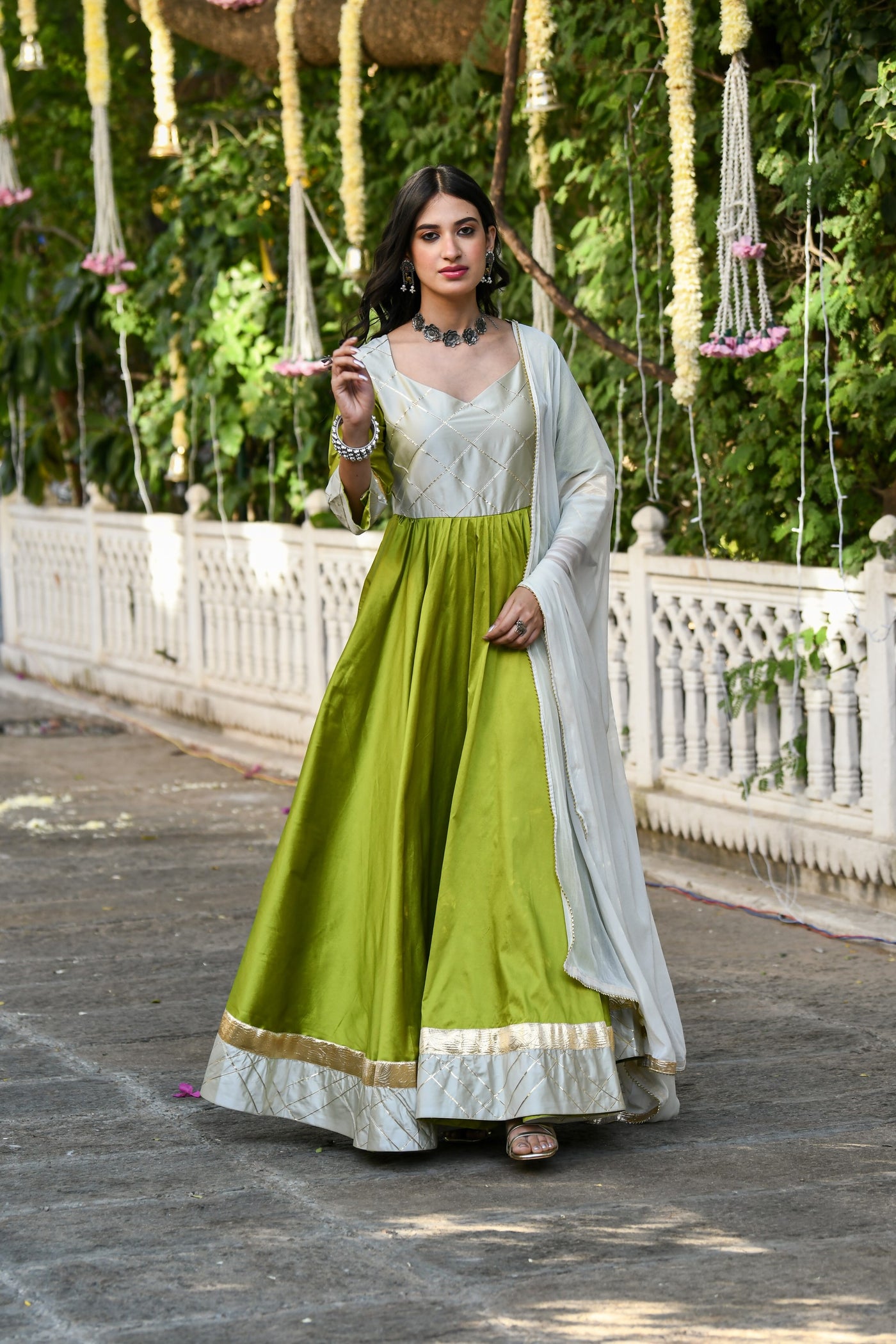 White And Green Anarkali Gown- (2Pcs) By SARAS THE LABEL